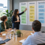 Managementteam bespreekt de Strengths in een SWOT-analyse