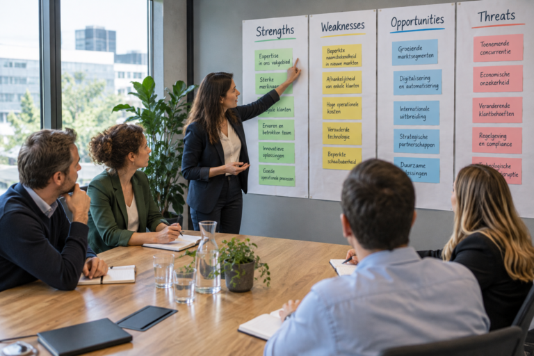 Managementteam bespreekt de Strengths in een SWOT-analyse