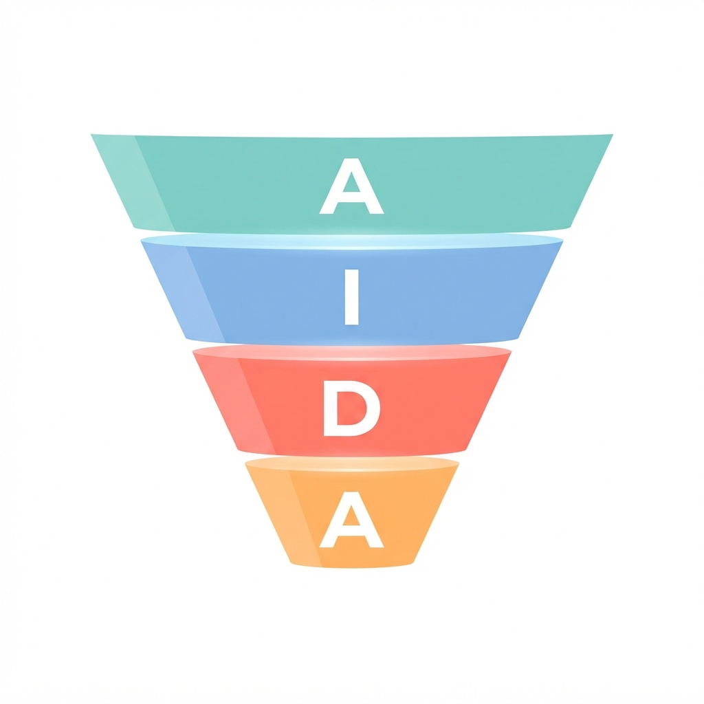 Illustratie van het AIDA-model als trechter met vier gekleurde lagen: A, I, D en A