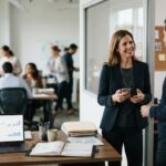 Een manager met een telefoon in de hand praat kort met een collega in de deuropening van een licht, modern kantoor