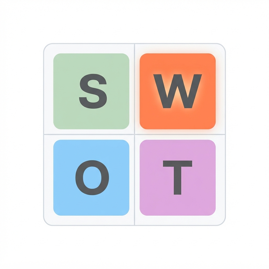 SWOT-analyse model met de Weaknesses (zwaktes) uitgelicht naast sterktes, kansen en bedreigingen